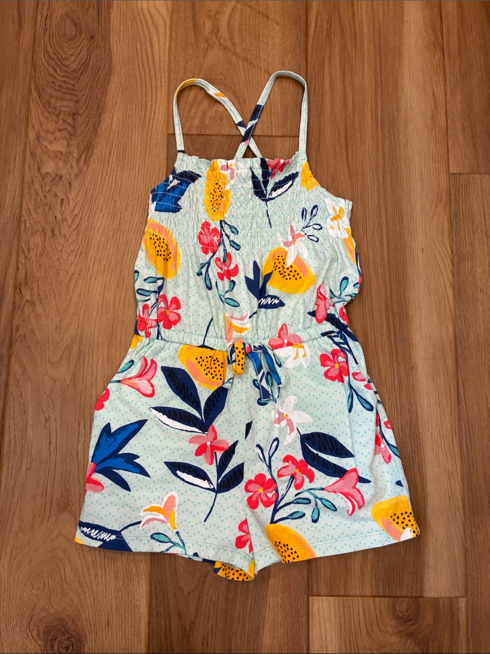 Girls' Floral Print Light Blue Romper with Straps